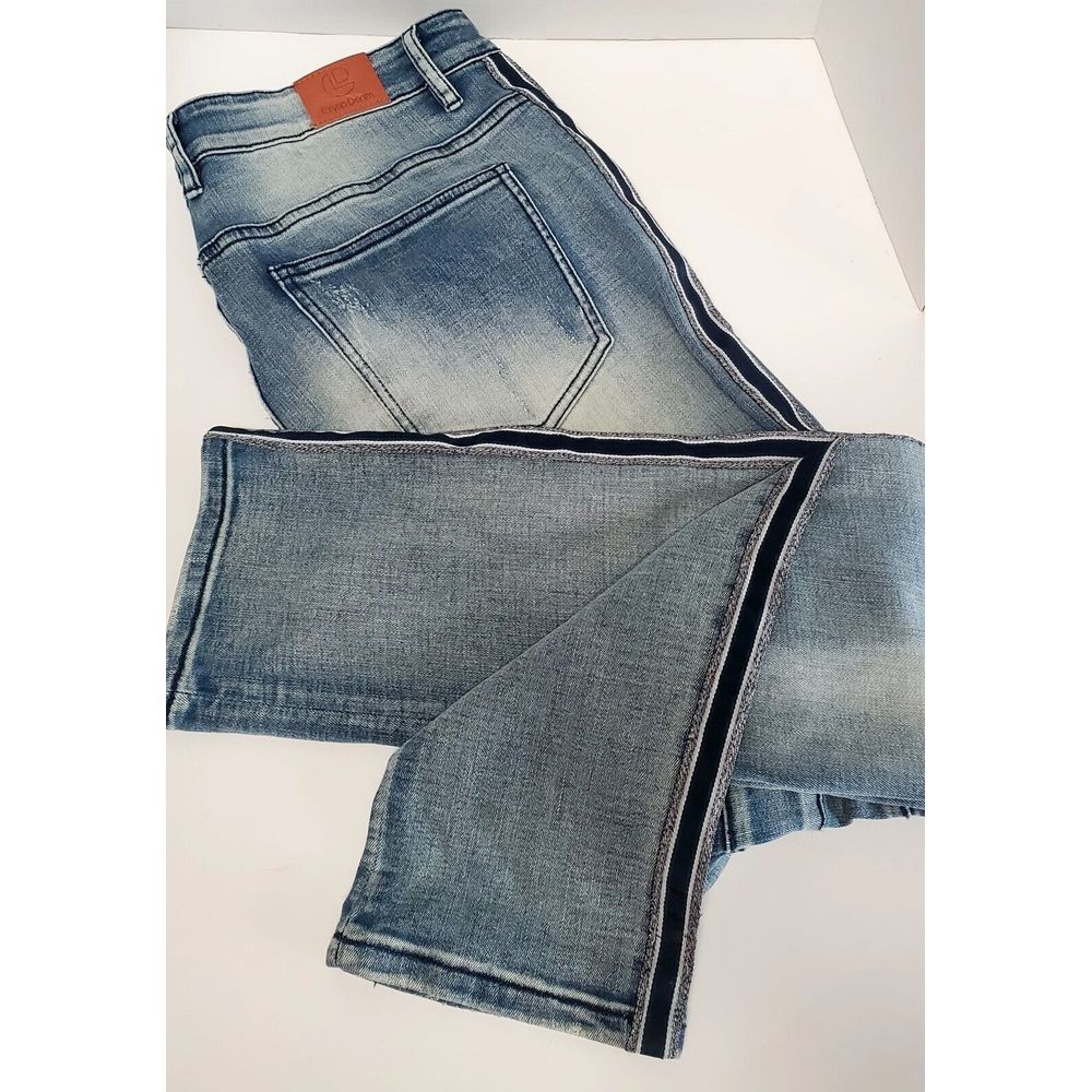 VTG CRYSP Jeans Striped Side Distress Denim Moto Style Zippers 34x34 Street Wear